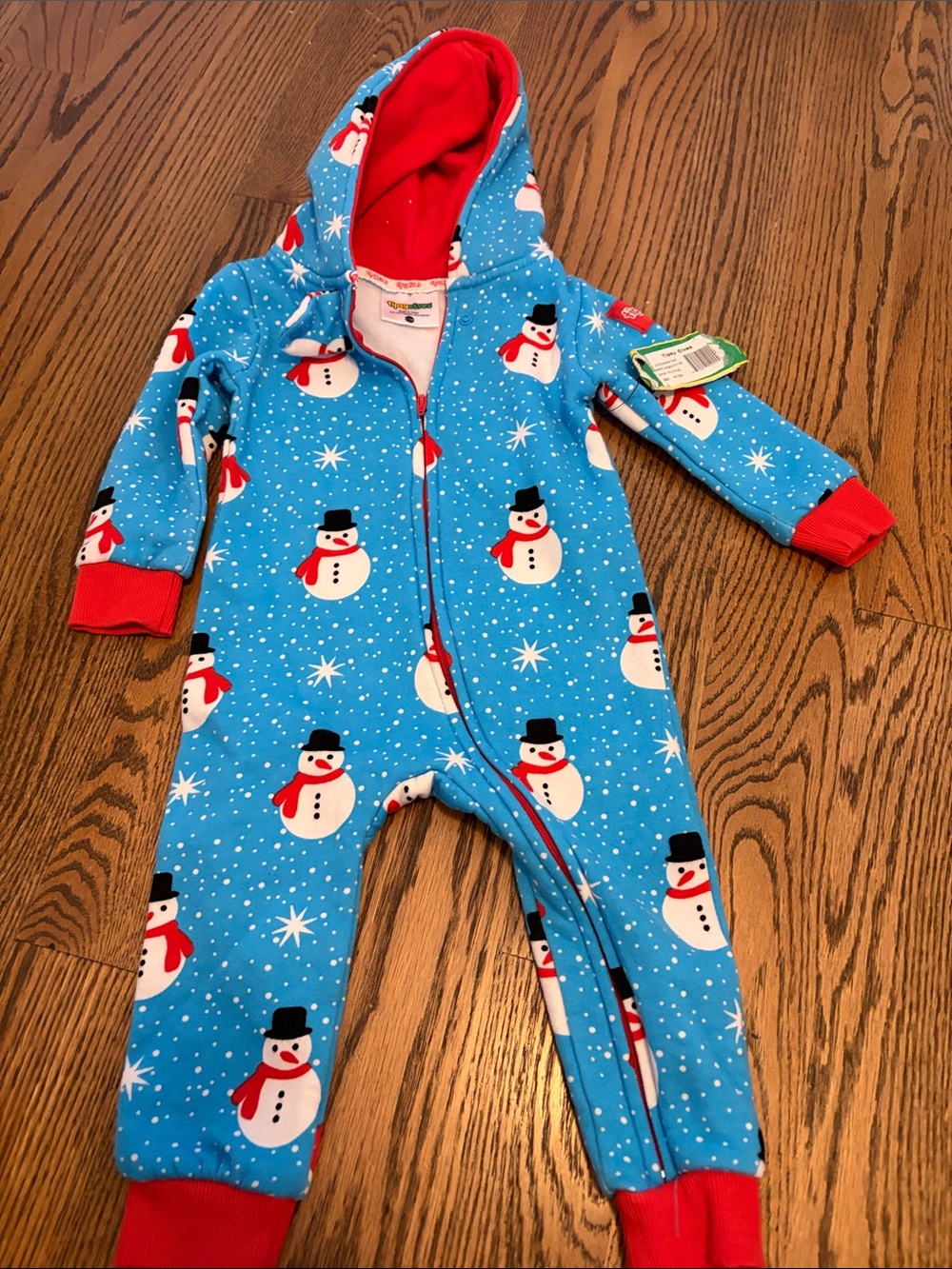Tipsy Elves Blue Snowman Hooded Footie with Red Accents